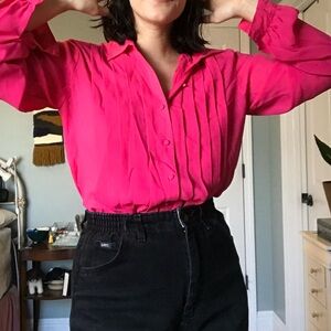Vintage Pleated Women's Pink Button-Up Blouse